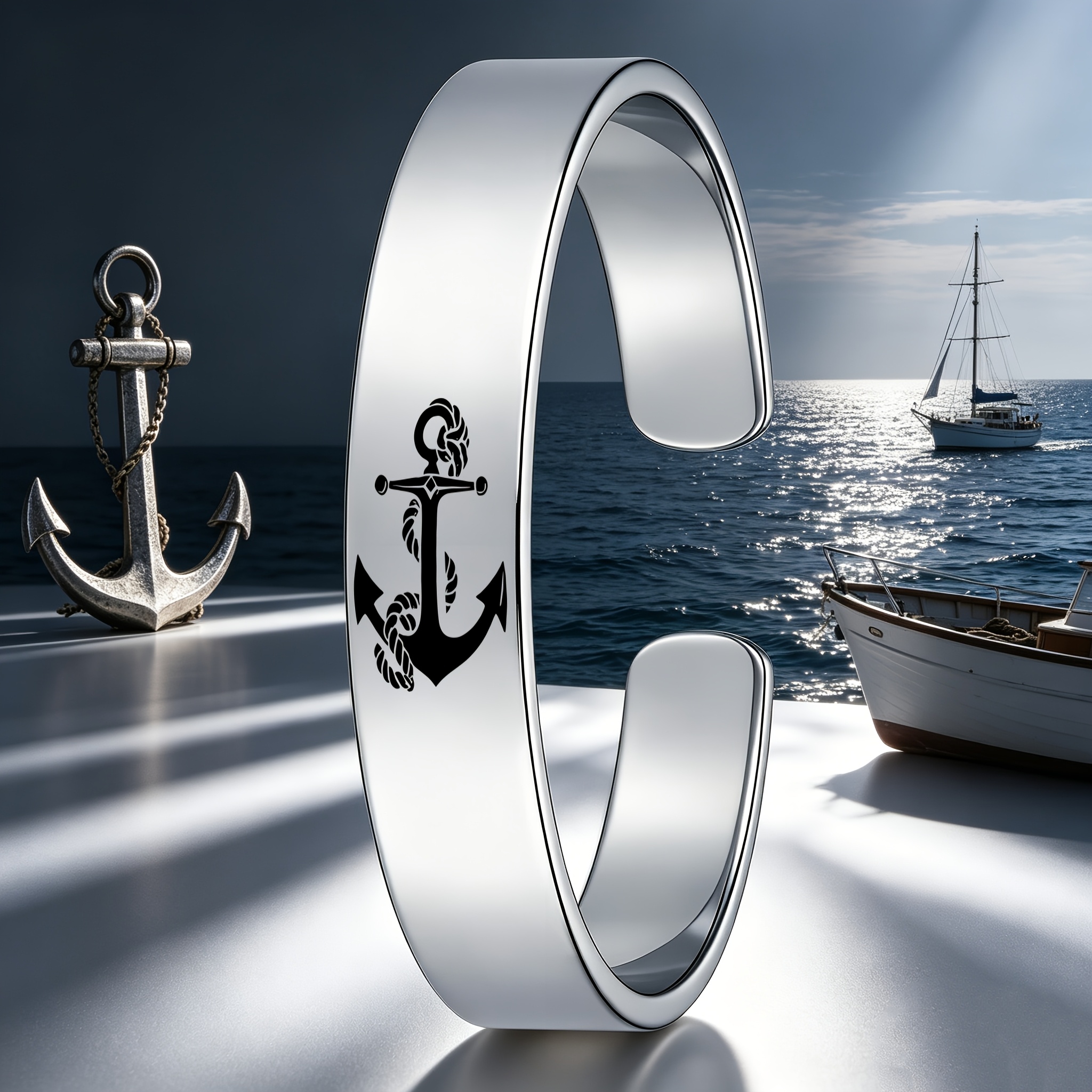 Nautical Anchor Stainless Steel Open Bangle, Adjustable Size
